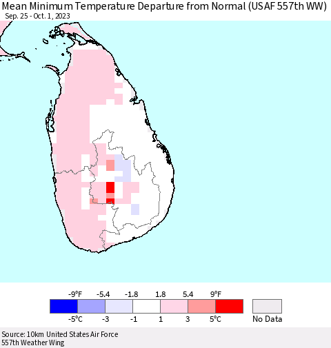 Sri Lanka Mean Minimum Temperature Departure from Normal (USAF 557th WW) Thematic Map For 9/25/2023 - 10/1/2023