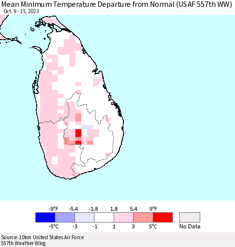 Sri Lanka Mean Minimum Temperature Departure from Normal (USAF 557th WW) Thematic Map For 10/9/2023 - 10/15/2023