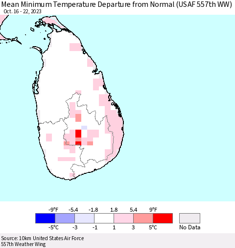 Sri Lanka Mean Minimum Temperature Departure from Normal (USAF 557th WW) Thematic Map For 10/16/2023 - 10/22/2023