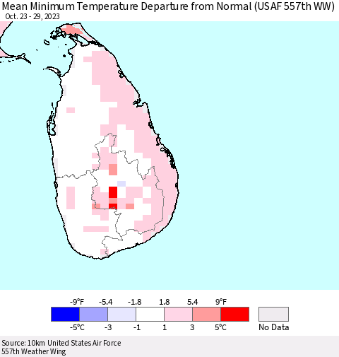 Sri Lanka Mean Minimum Temperature Departure from Normal (USAF 557th WW) Thematic Map For 10/23/2023 - 10/29/2023