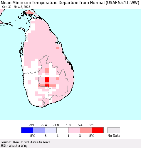 Sri Lanka Mean Minimum Temperature Departure from Normal (USAF 557th WW) Thematic Map For 10/30/2023 - 11/5/2023