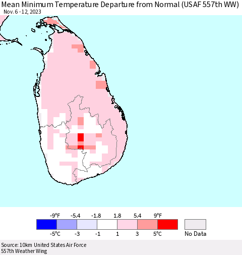 Sri Lanka Mean Minimum Temperature Departure from Normal (USAF 557th WW) Thematic Map For 11/6/2023 - 11/12/2023