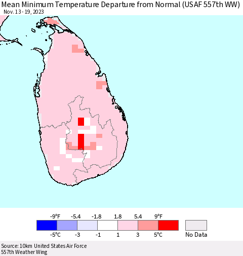 Sri Lanka Mean Minimum Temperature Departure from Normal (USAF 557th WW) Thematic Map For 11/13/2023 - 11/19/2023