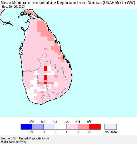 Sri Lanka Mean Minimum Temperature Departure from Normal (USAF 557th WW) Thematic Map For 11/20/2023 - 11/26/2023