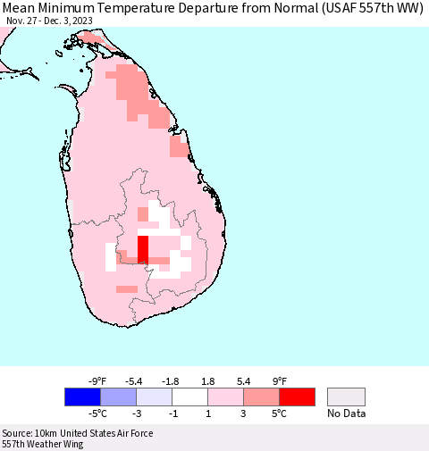 Sri Lanka Mean Minimum Temperature Departure from Normal (USAF 557th WW) Thematic Map For 11/27/2023 - 12/3/2023