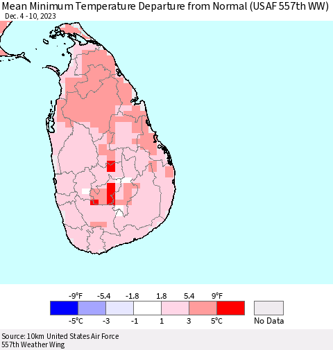 Sri Lanka Mean Minimum Temperature Departure from Normal (USAF 557th WW) Thematic Map For 12/4/2023 - 12/10/2023