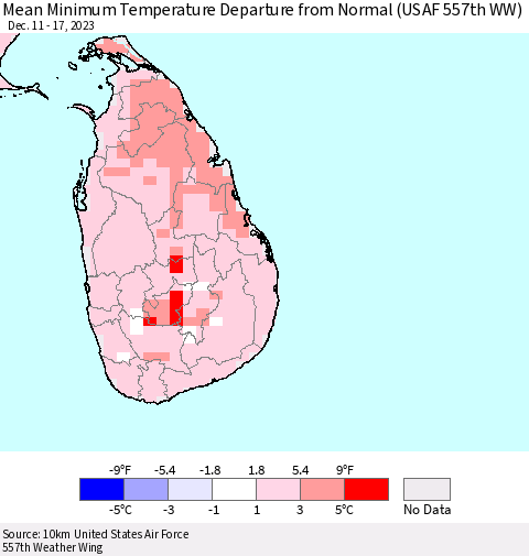 Sri Lanka Mean Minimum Temperature Departure from Normal (USAF 557th WW) Thematic Map For 12/11/2023 - 12/17/2023