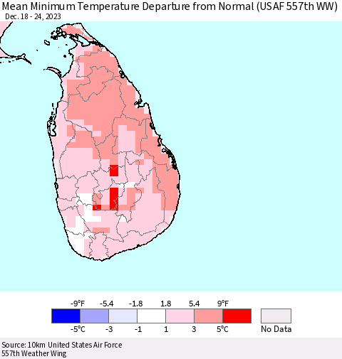 Sri Lanka Mean Minimum Temperature Departure from Normal (USAF 557th WW) Thematic Map For 12/18/2023 - 12/24/2023