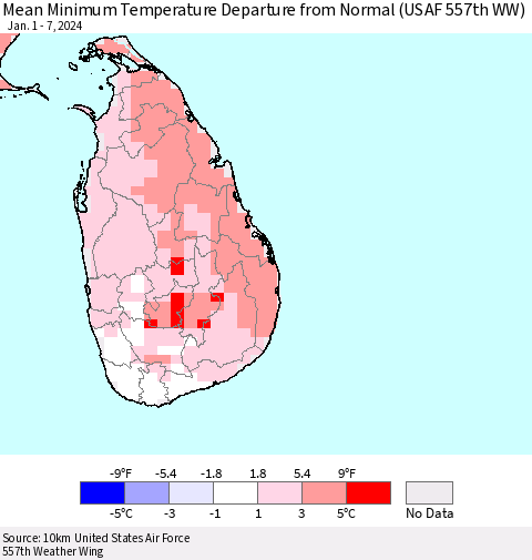 Sri Lanka Mean Minimum Temperature Departure from Normal (USAF 557th WW) Thematic Map For 1/1/2024 - 1/7/2024