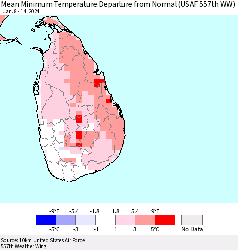 Sri Lanka Mean Minimum Temperature Departure from Normal (USAF 557th WW) Thematic Map For 1/8/2024 - 1/14/2024