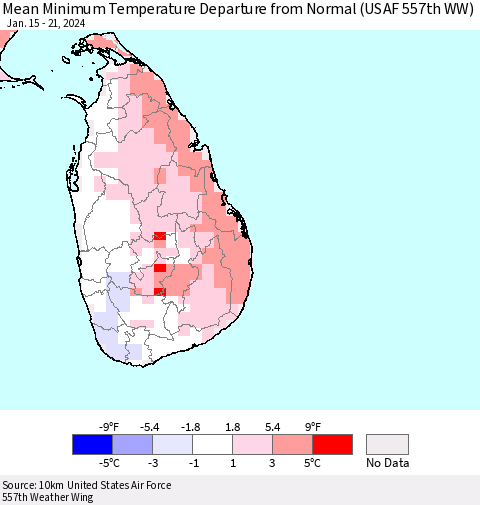 Sri Lanka Mean Minimum Temperature Departure from Normal (USAF 557th WW) Thematic Map For 1/15/2024 - 1/21/2024