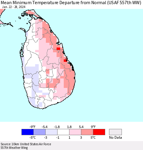 Sri Lanka Mean Minimum Temperature Departure from Normal (USAF 557th WW) Thematic Map For 1/22/2024 - 1/28/2024