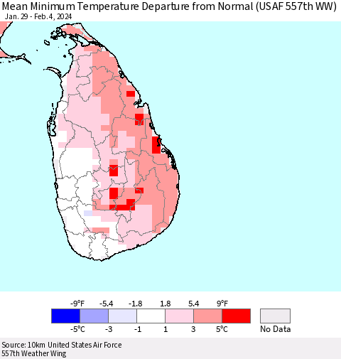 Sri Lanka Mean Minimum Temperature Departure from Normal (USAF 557th WW) Thematic Map For 1/29/2024 - 2/4/2024