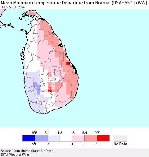 Sri Lanka Mean Minimum Temperature Departure from Normal (USAF 557th WW) Thematic Map For 2/5/2024 - 2/11/2024