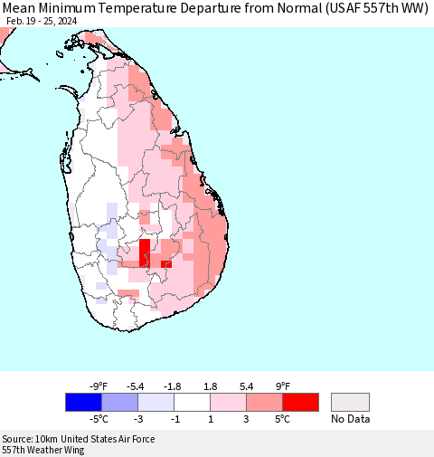 Sri Lanka Mean Minimum Temperature Departure from Normal (USAF 557th WW) Thematic Map For 2/19/2024 - 2/25/2024