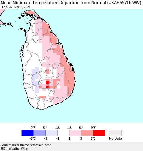 Sri Lanka Mean Minimum Temperature Departure from Normal (USAF 557th WW) Thematic Map For 2/26/2024 - 3/3/2024