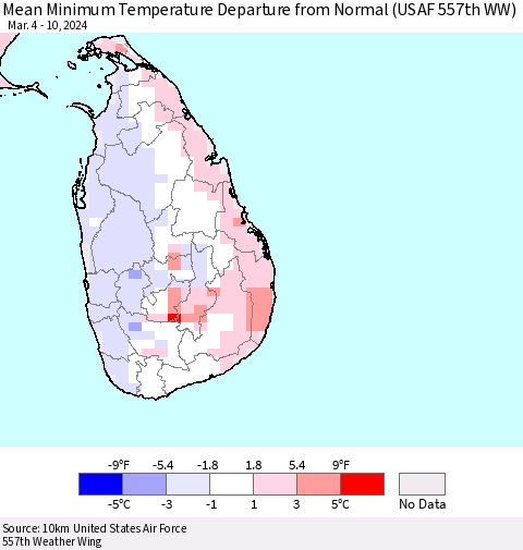 Sri Lanka Mean Minimum Temperature Departure from Normal (USAF 557th WW) Thematic Map For 3/4/2024 - 3/10/2024
