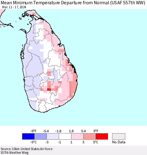 Sri Lanka Mean Minimum Temperature Departure from Normal (USAF 557th WW) Thematic Map For 3/11/2024 - 3/17/2024