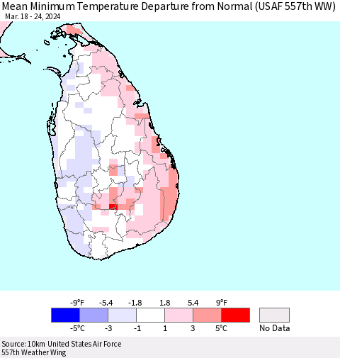 Sri Lanka Mean Minimum Temperature Departure from Normal (USAF 557th WW) Thematic Map For 3/18/2024 - 3/24/2024