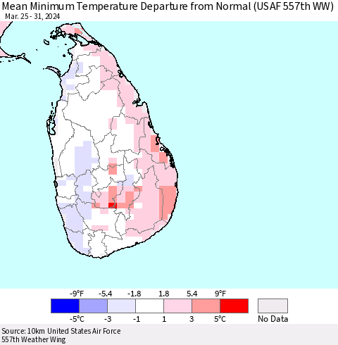 Sri Lanka Mean Minimum Temperature Departure from Normal (USAF 557th WW) Thematic Map For 3/25/2024 - 3/31/2024