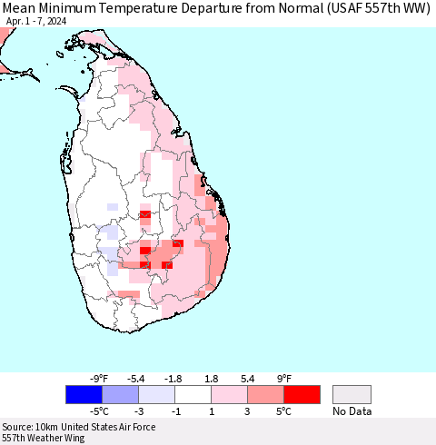 Sri Lanka Mean Minimum Temperature Departure from Normal (USAF 557th WW) Thematic Map For 4/1/2024 - 4/7/2024