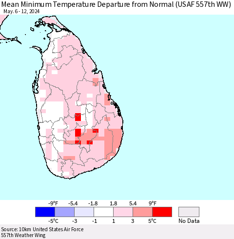 Sri Lanka Mean Minimum Temperature Departure from Normal (USAF 557th WW) Thematic Map For 5/6/2024 - 5/12/2024