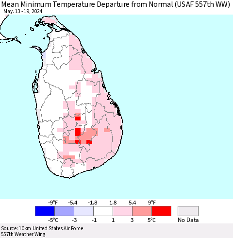 Sri Lanka Mean Minimum Temperature Departure from Normal (USAF 557th WW) Thematic Map For 5/13/2024 - 5/19/2024