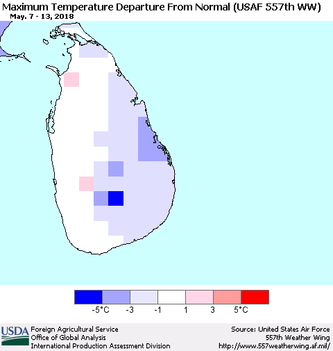 Sri Lanka Mean Maximum Temperature Departure from Normal (USAF 557th WW) Thematic Map For 5/7/2018 - 5/13/2018