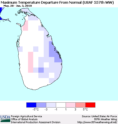 Sri Lanka Mean Maximum Temperature Departure from Normal (USAF 557th WW) Thematic Map For 5/28/2018 - 6/3/2018