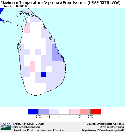 Sri Lanka Mean Maximum Temperature Departure from Normal (USAF 557th WW) Thematic Map For 6/4/2018 - 6/10/2018