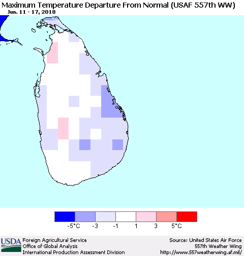 Sri Lanka Mean Maximum Temperature Departure from Normal (USAF 557th WW) Thematic Map For 6/11/2018 - 6/17/2018