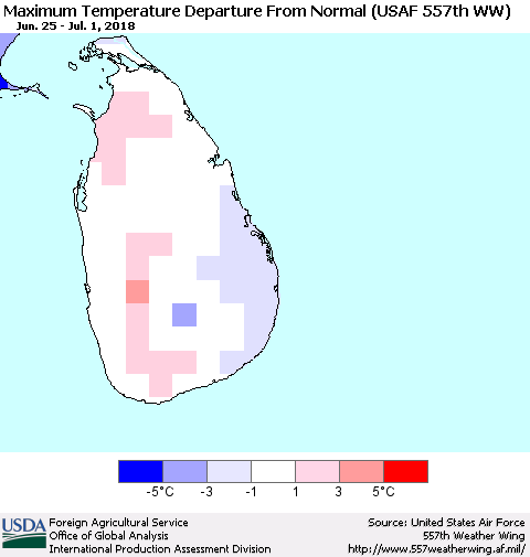 Sri Lanka Mean Maximum Temperature Departure from Normal (USAF 557th WW) Thematic Map For 6/25/2018 - 7/1/2018