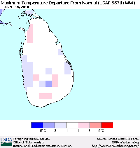 Sri Lanka Mean Maximum Temperature Departure from Normal (USAF 557th WW) Thematic Map For 7/9/2018 - 7/15/2018