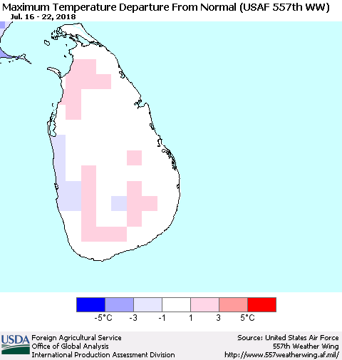 Sri Lanka Mean Maximum Temperature Departure from Normal (USAF 557th WW) Thematic Map For 7/16/2018 - 7/22/2018