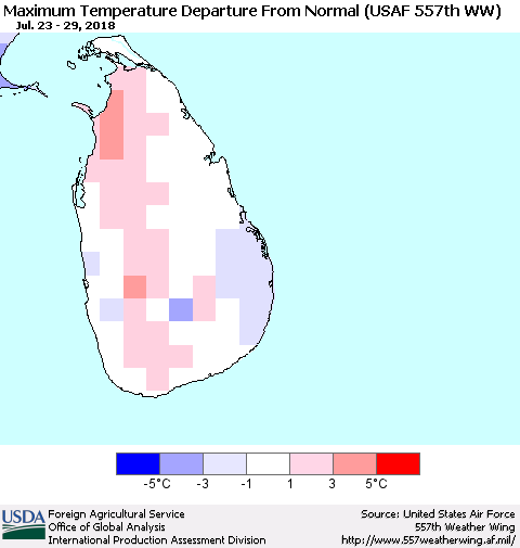 Sri Lanka Mean Maximum Temperature Departure from Normal (USAF 557th WW) Thematic Map For 7/23/2018 - 7/29/2018