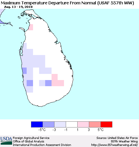 Sri Lanka Mean Maximum Temperature Departure from Normal (USAF 557th WW) Thematic Map For 8/13/2018 - 8/19/2018