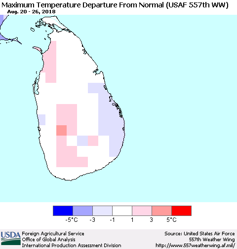 Sri Lanka Mean Maximum Temperature Departure from Normal (USAF 557th WW) Thematic Map For 8/20/2018 - 8/26/2018