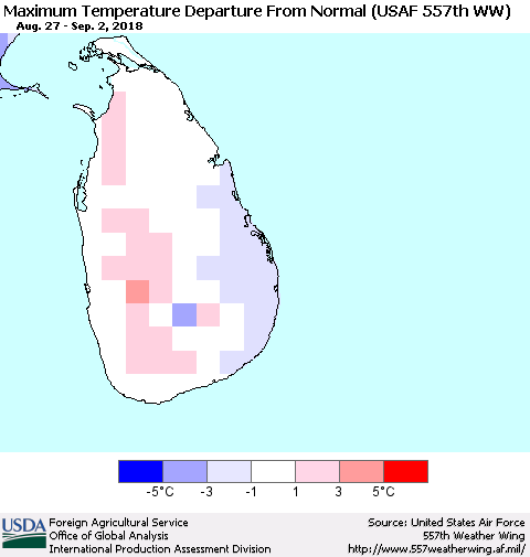 Sri Lanka Mean Maximum Temperature Departure from Normal (USAF 557th WW) Thematic Map For 8/27/2018 - 9/2/2018