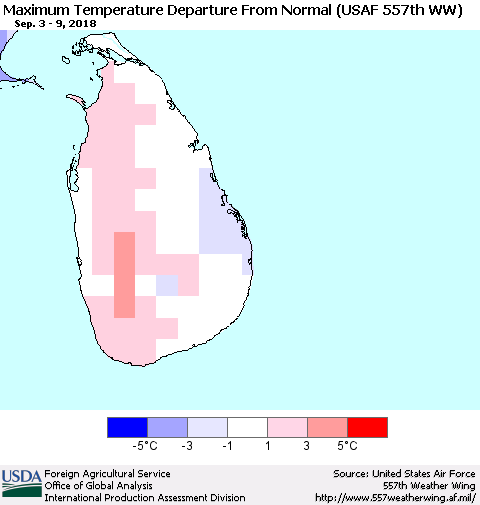 Sri Lanka Mean Maximum Temperature Departure from Normal (USAF 557th WW) Thematic Map For 9/3/2018 - 9/9/2018