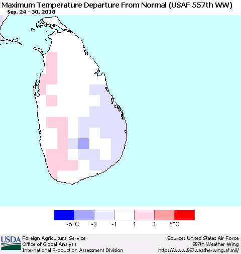 Sri Lanka Mean Maximum Temperature Departure from Normal (USAF 557th WW) Thematic Map For 9/24/2018 - 9/30/2018
