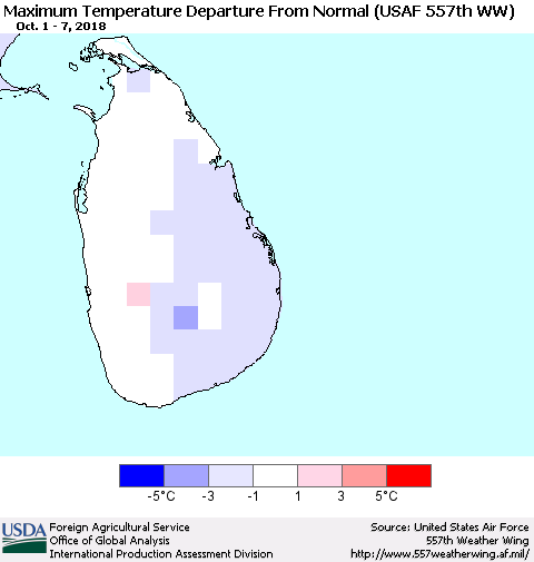 Sri Lanka Mean Maximum Temperature Departure from Normal (USAF 557th WW) Thematic Map For 10/1/2018 - 10/7/2018