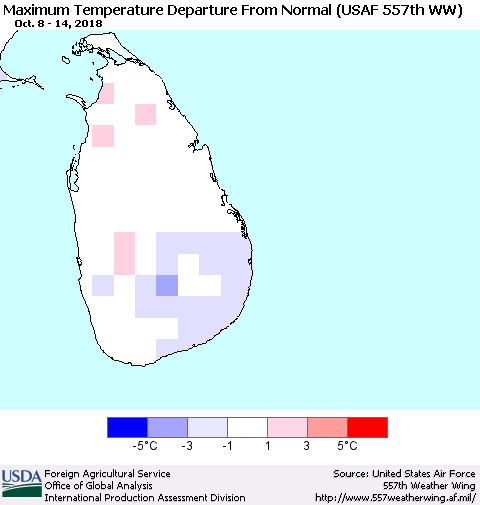 Sri Lanka Mean Maximum Temperature Departure from Normal (USAF 557th WW) Thematic Map For 10/8/2018 - 10/14/2018