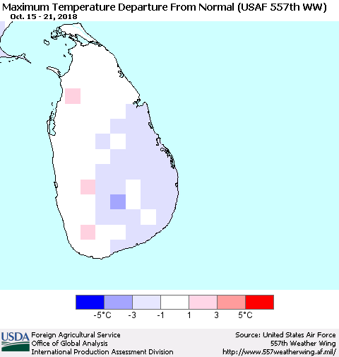 Sri Lanka Mean Maximum Temperature Departure from Normal (USAF 557th WW) Thematic Map For 10/15/2018 - 10/21/2018