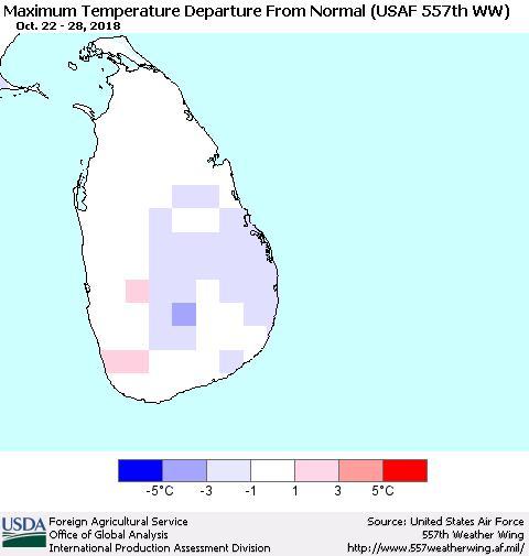 Sri Lanka Mean Maximum Temperature Departure from Normal (USAF 557th WW) Thematic Map For 10/22/2018 - 10/28/2018
