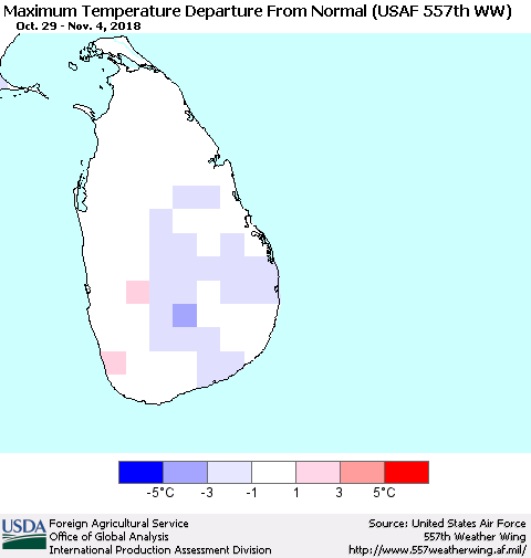Sri Lanka Mean Maximum Temperature Departure from Normal (USAF 557th WW) Thematic Map For 10/29/2018 - 11/4/2018