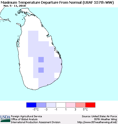Sri Lanka Mean Maximum Temperature Departure from Normal (USAF 557th WW) Thematic Map For 11/5/2018 - 11/11/2018