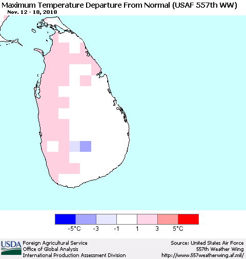 Sri Lanka Mean Maximum Temperature Departure from Normal (USAF 557th WW) Thematic Map For 11/12/2018 - 11/18/2018