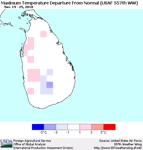 Sri Lanka Mean Maximum Temperature Departure from Normal (USAF 557th WW) Thematic Map For 11/19/2018 - 11/25/2018