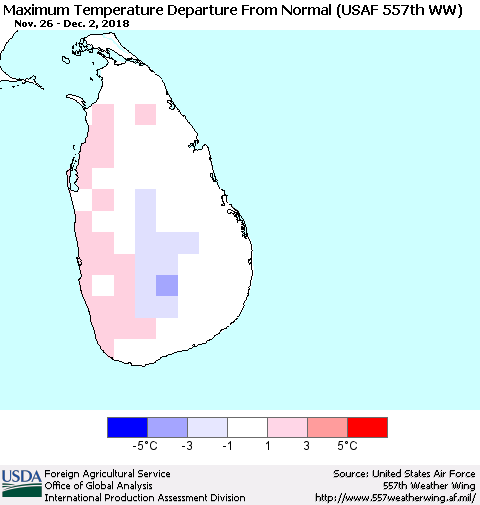Sri Lanka Mean Maximum Temperature Departure from Normal (USAF 557th WW) Thematic Map For 11/26/2018 - 12/2/2018