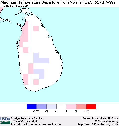 Sri Lanka Mean Maximum Temperature Departure from Normal (USAF 557th WW) Thematic Map For 12/10/2018 - 12/16/2018
